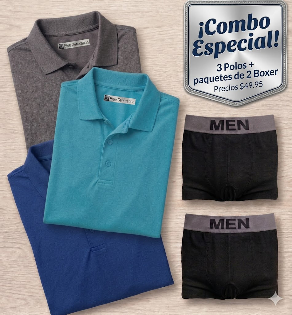 Combo Especial de 3 Polos + 2 Bóxers (Edición Limitada) por solo $49.99!